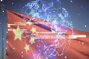 Multi exposure of abstract software development hologram and world map on Chinese flag and blue sky background, global research and analytics concept