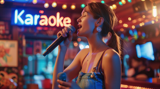 Image of a young woman singing at a karaoke bar next to a karaoke sign, illustrating the concept of karaoke night.