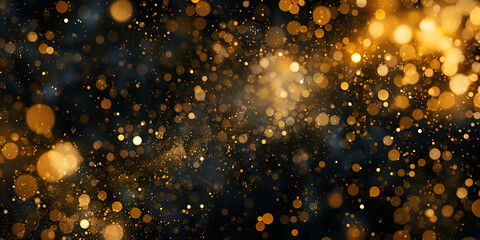 Magic gold bokeh on a defocused dark background. Texture, background, wallpaper.