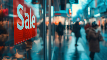 
Image of a "Sale" sign displayed in a shop window with people walking in the background on the street, illustrating the concept of a sale event.
