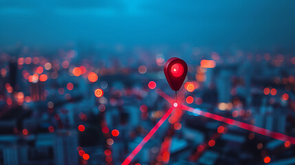 Map pin highlighting city destination in urban landscape with network connection concept. - obrazy, fototapety, plakaty