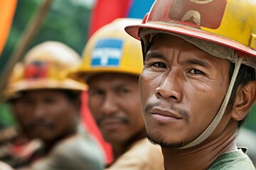 portrait of contruction workers on blurred background 