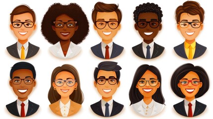 Smiling People Closeup Portrait Set Cute Cartoon Businessman Male and Female Avatars Multi-ethnic Man and Woman Faces Isolated on White Background