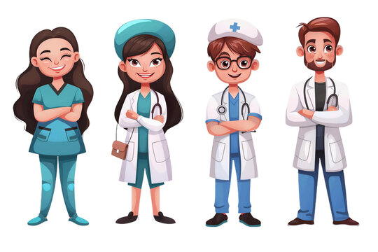 Cartoon style group of health care workers including doctors and nurse with uniforms