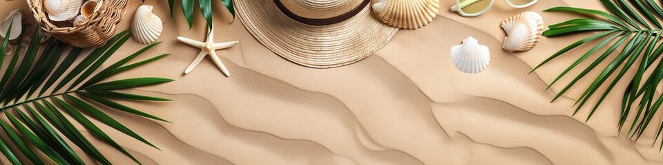 Fototapeta na wymiar Women's beach accessories: swimsuit, bikini, bag, straw hat, shells. generative ai