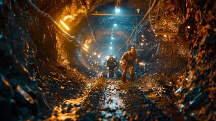 Miners with headlamps work in a radiant underground tunnel.