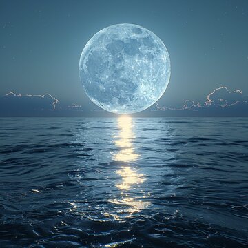 Big full moon at night reflecting on the water. Alpha channel moonlight bright sea reflection. Clear big distinct moon glowing over the ocean in eerie night scene. Made with generative ai
