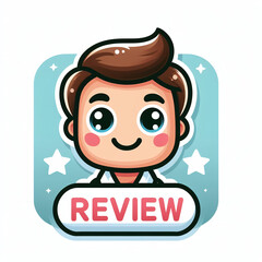 Cartoon man character with text Review on white background, icon, big cute eyes, flat colors