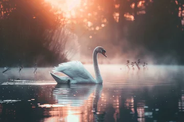 Gartenposter Serene Swan Majesty on Misty Lake at Sunrise Banner © Dmitrii