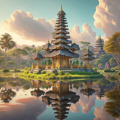Watercolor illustration of balinese temple at sunset for nyepi day.