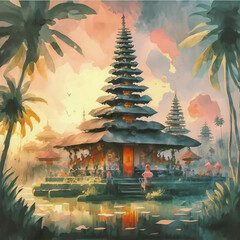 Watercolor illustration of balinese temple at sunset for nyepi day.