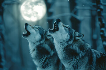Majestic Wolves Howling at the Moon in Wintry Forest Night Banner