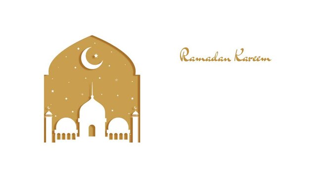 Ramadan Kareem Mosque Crescent Moon Star Animation Gold White Background. High-Quality 4K Footage Mosque Silhouette Illustration