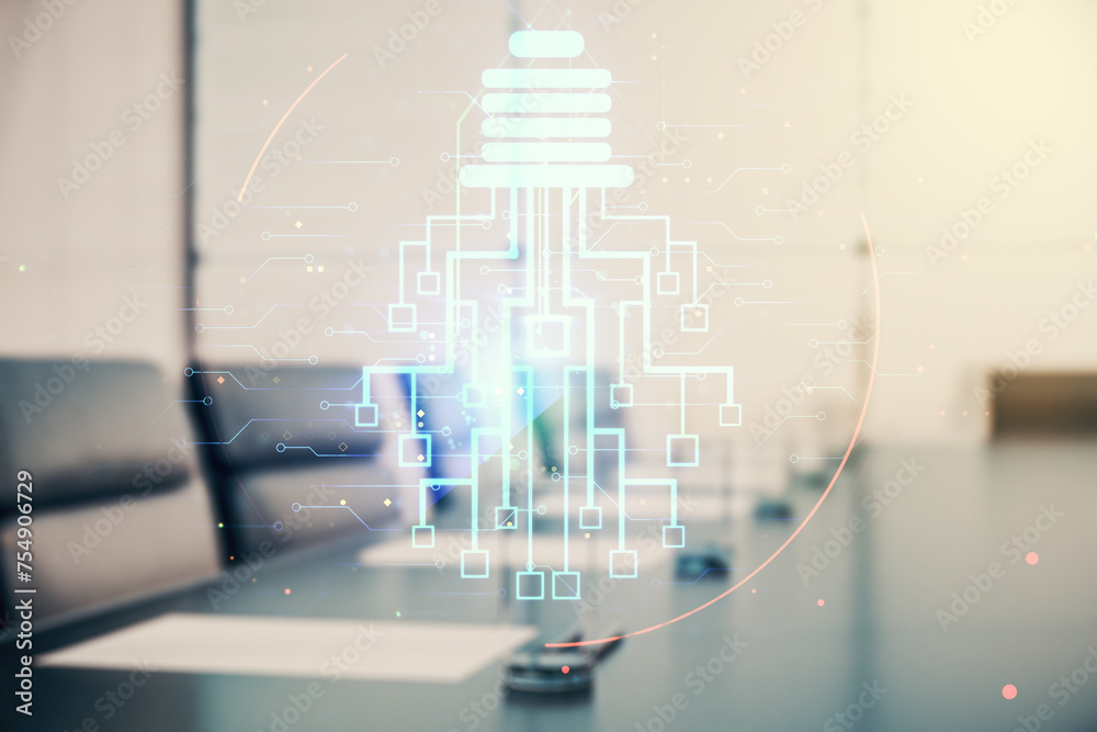 Poster virtual creative light bulb with chip hologram on a modern boardroom background, artificial intellig