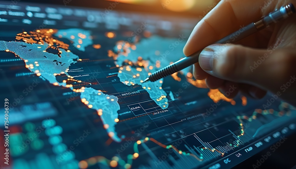 Poster visualizing economic expansion: a close-up of hand-drawn graph amidst global economic reports