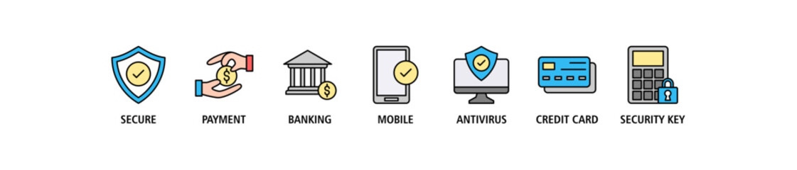 Secure payment banner web icon set vector illustration concept with icon of secure, payment, banking, mobile, antivirus, credit card and security key