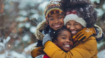 African mother and daughter having fun together during winter time outdoor - obrazy, fototapety, plakaty