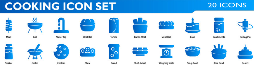Cooking icon set. Containing meat, grill,water tap,meal ball,tortilla,bacon meat,meat ball,cake,condiments,rolling pin,shaker,grilled,cookies,stew,bread,shish. Solid gradient style collection

