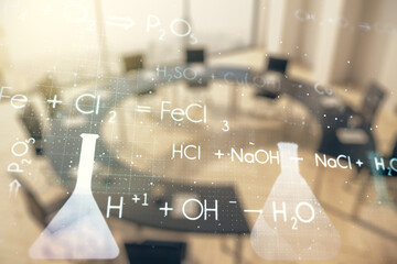 Creative chemistry hologram on a modern boardroom background, pharmaceutical research concept....