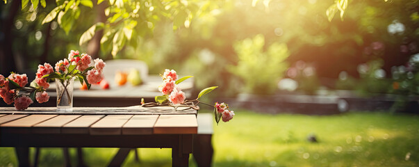 summer garden table in backyard. Grill in garden ready for celebration.