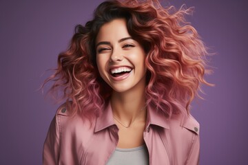 Young woman with vibrant purple hair dancing joyfully against peach colored wall