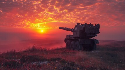 Fototapeta premium Tank Amidst Fiery Sunset in Rolling Hills
