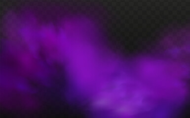 Scary mystical  violet fog in night Halloween. Purple poisonous gas, dust and smoke effect.Realistic neon magic mist steam on a transparent dark background.