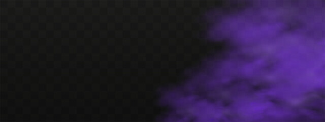 Scary mystical  violet fog in night Halloween. Purple poisonous gas, dust and smoke effect.Realistic neon magic mist steam on a transparent dark background.