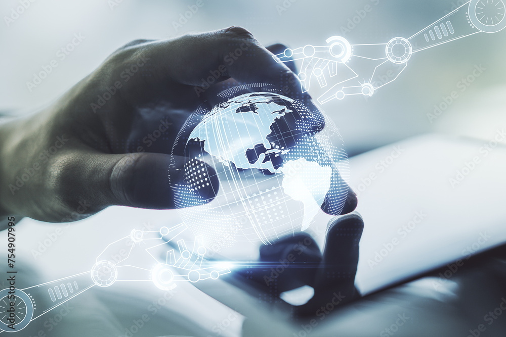 Aufkleber double exposure of robotics technology with world map hologram and finger clicks on a digital tablet