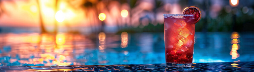 Refreshing cocktail on poolside table at sunset
