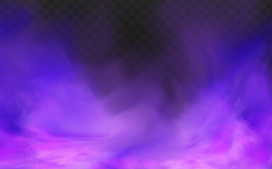 Fototapeta premium Scary mystical violet fog in night Halloween. Purple poisonous gas, dust and smoke effect.Realistic neon magic mist steam on a transparent dark background.