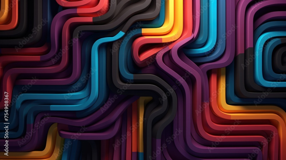 Wall mural black abstract folded paper effect. bright colorful line background. maze made of paper. 3d renderin