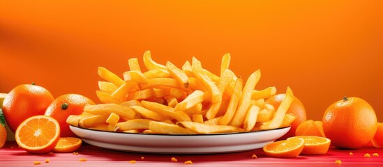 A dish of French fries, a staple in fast food cuisine, surrounded by oranges and tomatoes. Ingredients for deep frying, a popular fried food recipe