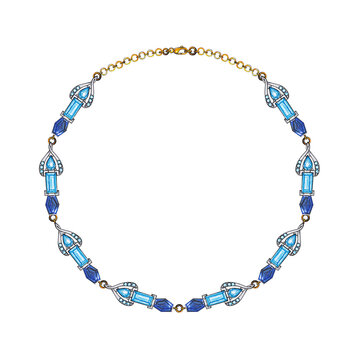 Necklace jewelry design modern art set with blue topaz and blue sapphire sketch by hand on paper.