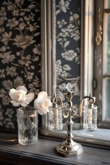 Elegant candlestick with white roses in a vintage setting by the window.
