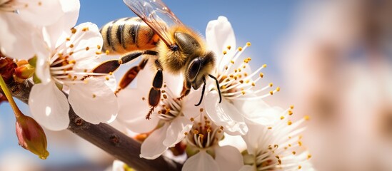 An Arthropod, Pollinator, and Insect, such as a bee, is perched on a white flower on a tree branch under the sky, captured in macro photography