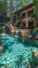 Obraz premium Tranquil jungle pool with a luxurious house and cascading waterfalls.