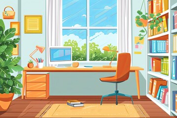 A room featuring a desk, chair, bookshelf, and potted plant, ideal for working or studying in a home office or classroom setting. Generative AI