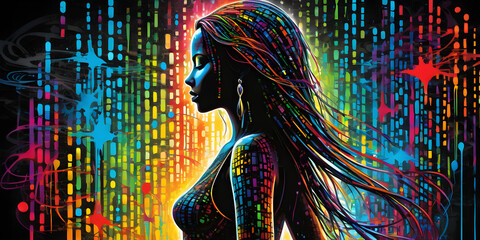 high quality, 8K Ultra HD, Imagine a vibrant canvas illuminated by a cascade of colorful binary code, forming the silhouette of a captivating woman, The dynamic lines and patterns, reminiscent of a di - obrazy, fototapety, plakaty