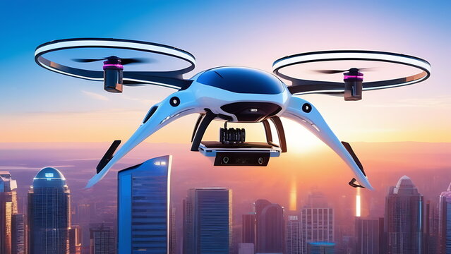A passenger drone and a cargo drone are flying in the city at the same time