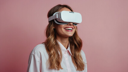 Fototapeta premium Portrait of sexy emotional laughing woman in white augmented virtual reality glasses. generative AI