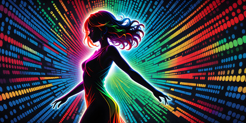high quality, 8K Ultra HD, Imagine a vibrant canvas illuminated by a cascade of colorful binary code, forming the silhouette of a captivating woman, The dynamic lines and patterns, reminiscent of a di