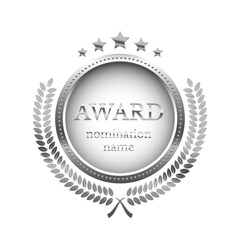Silver medal for second place with laurel wreath, stars and text Award Nomination name. Winner rank two on white background. Championship in sport or movie vector illustration