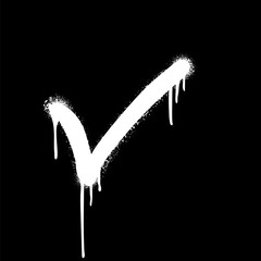 Spray painted tick mark graffiti. Sign yes brush drawing. Checkmark white vector illustration isolated on black background. Urban art. Business presentation element