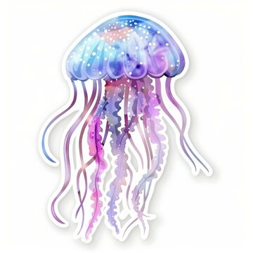 Multicolored jellyfish, cosmos colors, watercolor, for design, 3d sticker.