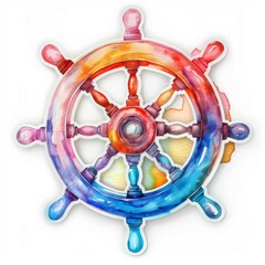 Marine steering wheel, space colors , watercolor, for design, 3d sticker.