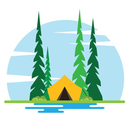 Camping Site with a Tent Flat Style. Summer vacation and nature hiking concept vector