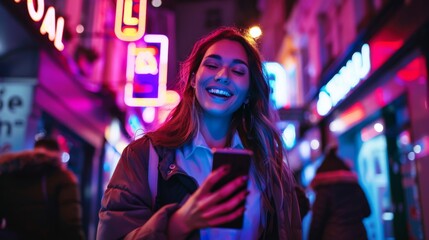 Beautiful Young Woman Using Smartphone Walking Through Night City Street Full of Neon Light. Portrait of Gorgeous Smiling Female Using Mobile Phone. - 754909964