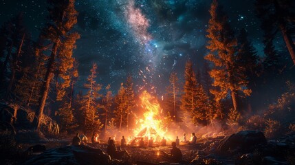 People Sitting Around Campfire Under Starry Night Sky