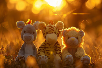 Enchanting Trio of Stuffed Animals Basking in Golden Sunset Light Banner